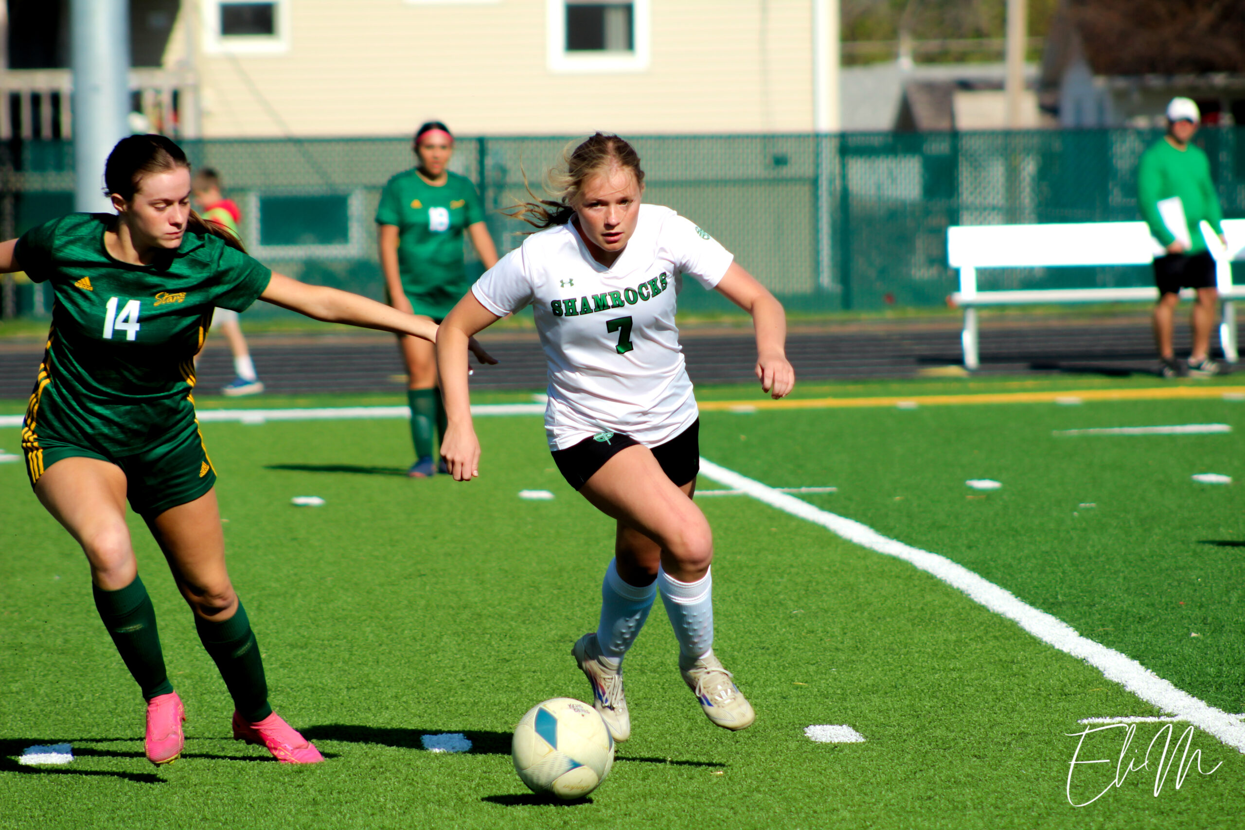 Tanner Schultz (Scotus CC) dribbles the ball downfield. 